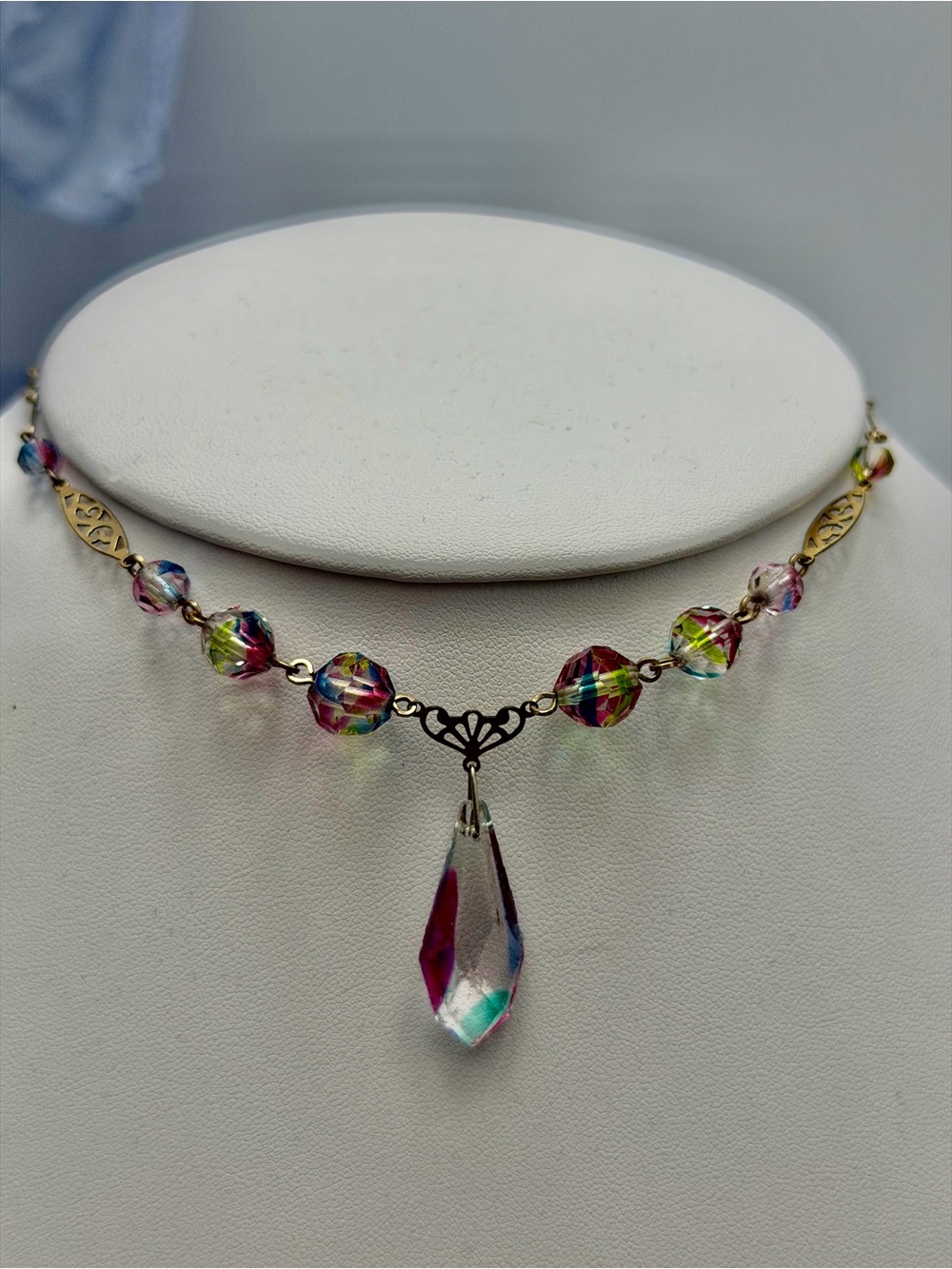 Antique Iris Glass Necklace 14” long